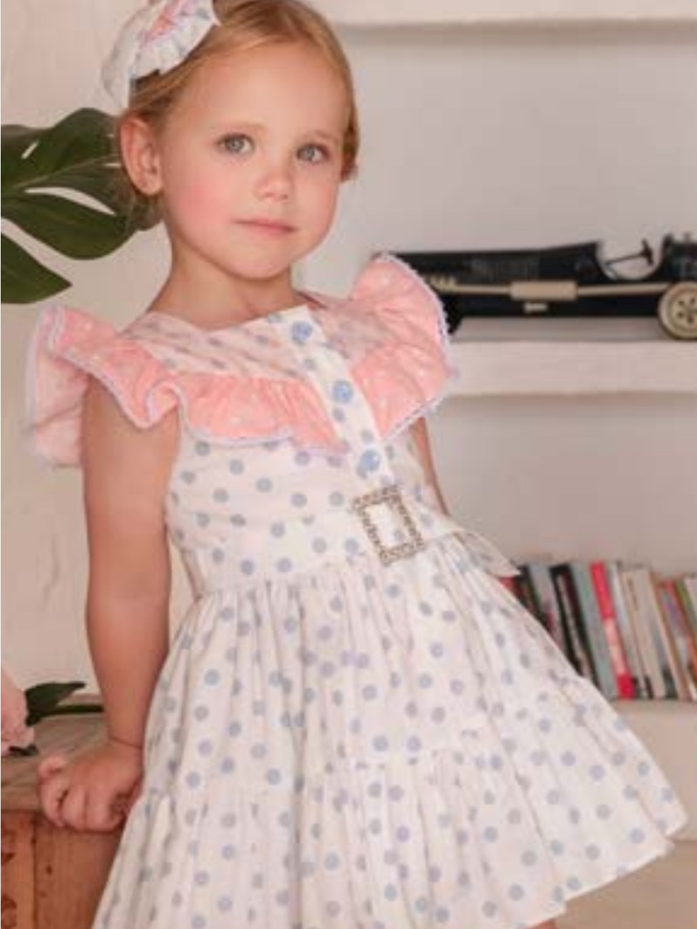 Polka Dot Ruffle Sun Dress with Pink Trim